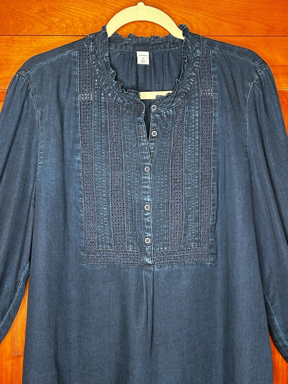 Chambray Embroidered Lace Cutwork Yoke Long Sleeve Blouse Peasant Cottagecore